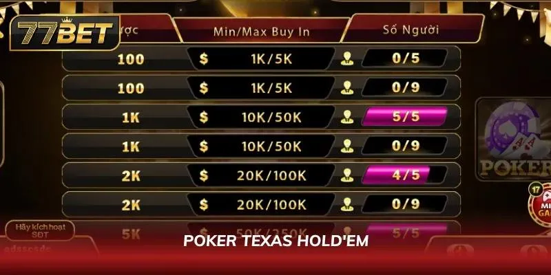 Khám Phá Game Bài 77BET – Sảnh Cược Đẳng Cấp Trong 2026 Những màn tố đầy kịch tính khi đến với Texas Hold'em